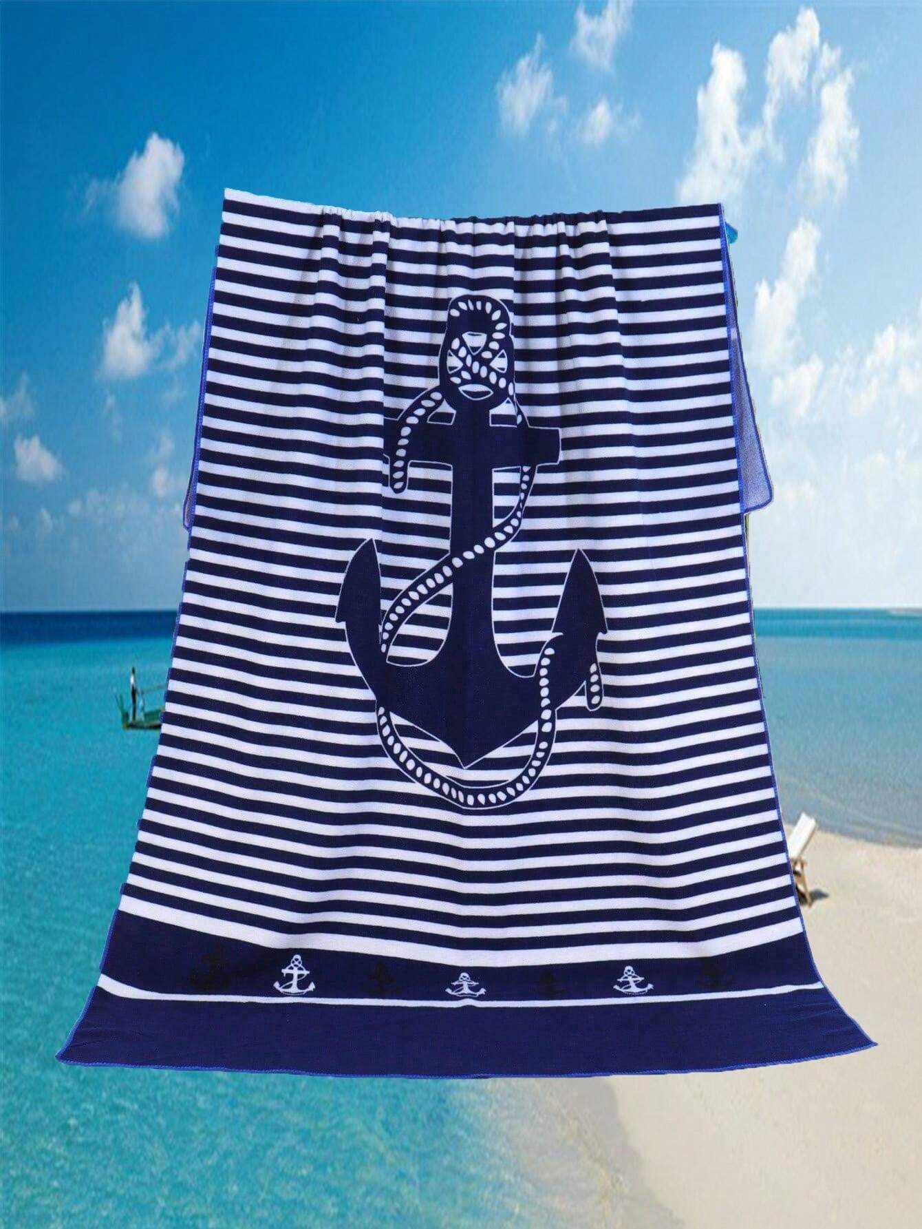 180cm x 90cm Anchor Striped Beach Towel – Navy & White