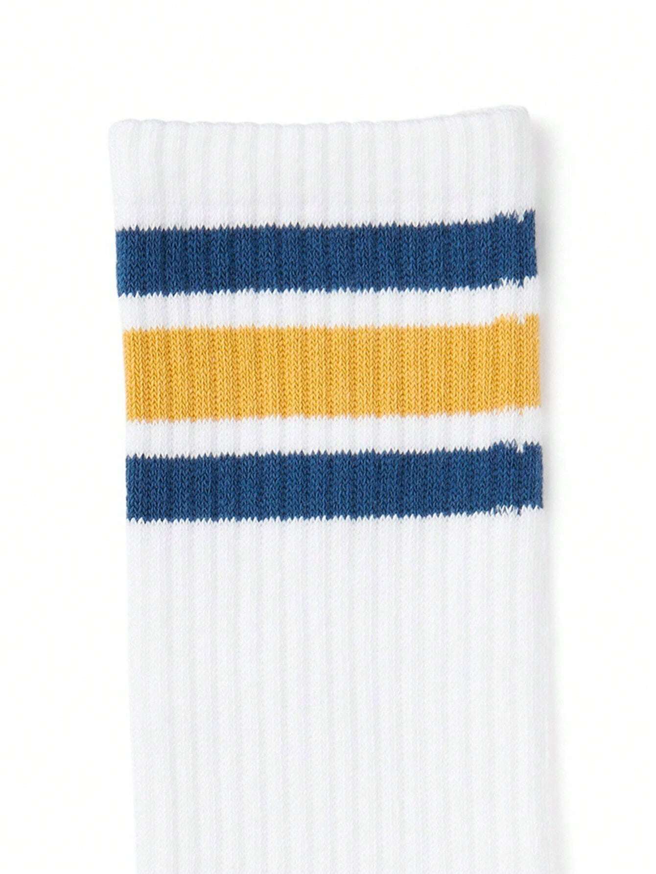 (EU 39–44) Retro Stripe Crew Socks – White with Blue & Gold Stripes