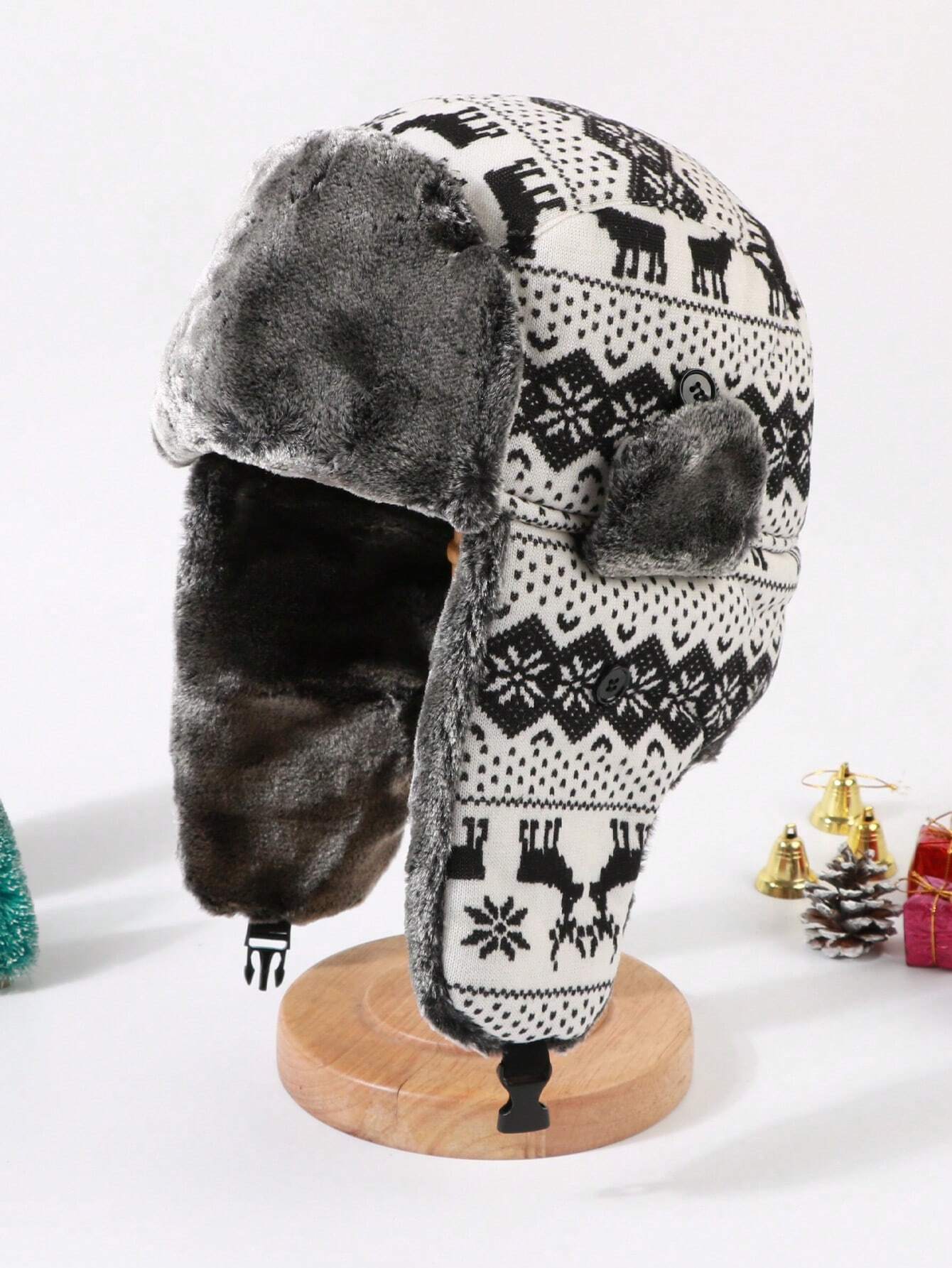 Reindeer Cozy Nordic Winter Trapper Hat with Faux Fur Lining