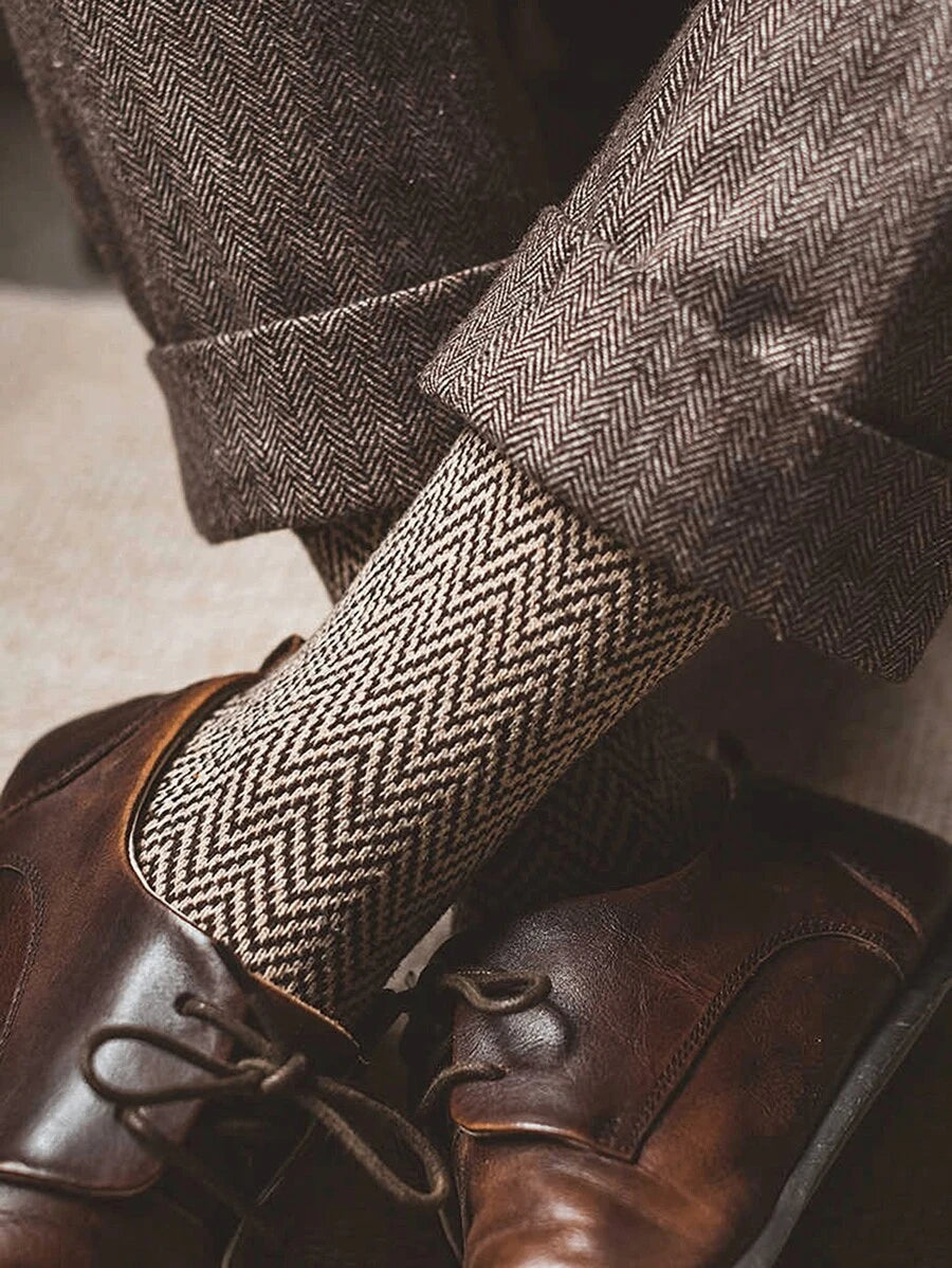 (EU Sizes 39-44) Herringbone Pattern Wool Blend Socks