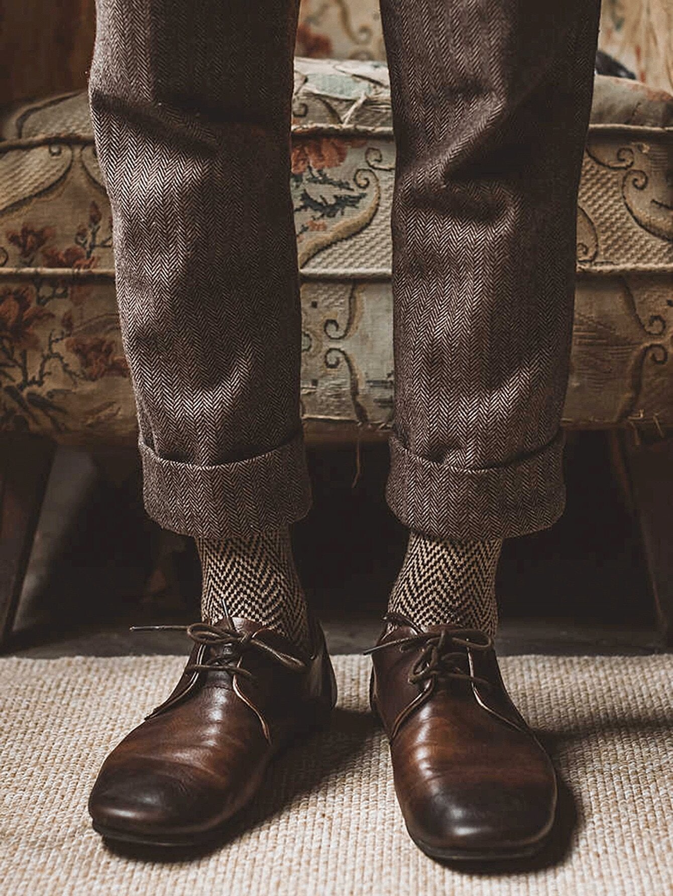 (EU Sizes 39-44) Herringbone Pattern Wool Blend Socks