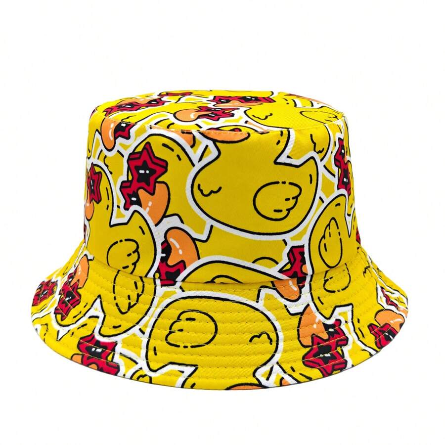 Quirky Rubber Ducky & Star Lips Yellow Bucket Hat - Fun Summer Style!