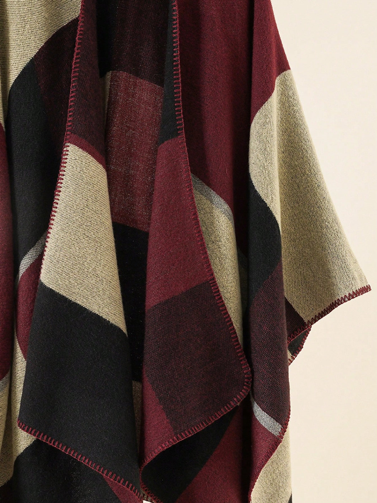 Burgundy and Beige Colorblock Open-Front Knit Poncho Wrap – 135x155 cm