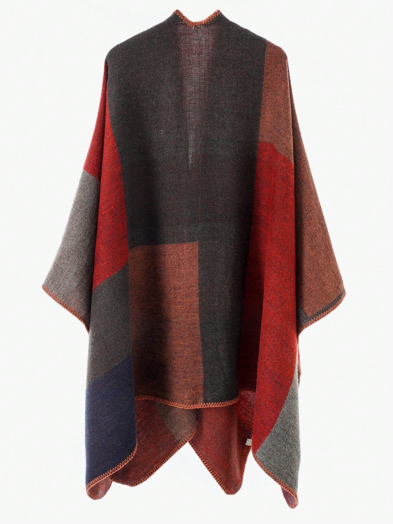 Color Block Poncho – Open Front Ruana Cape with Blanket Stitch Detail – Winter Knit Wrap (Rust/Navy/Grey)