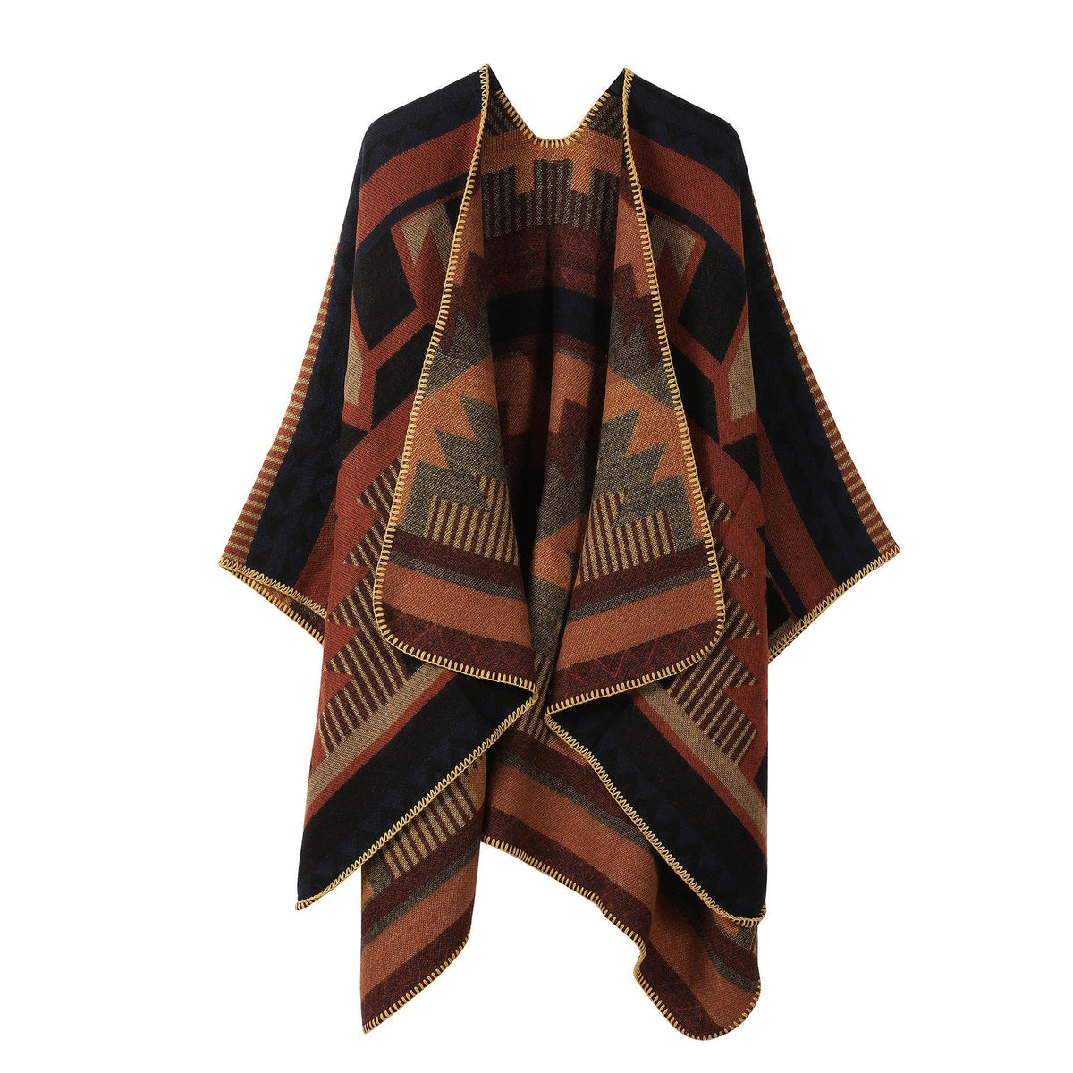 Geometric Tribal Wool Blend Open-Front Poncho Cape | Premium Warm Wrap