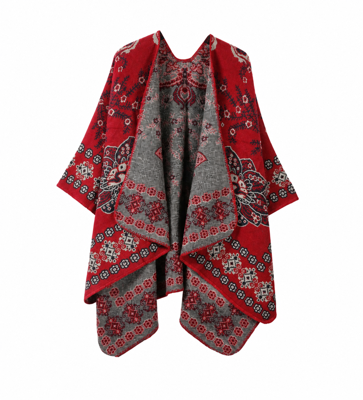 Cozy Collective Crimson Folk Floral Open-Front Poncho