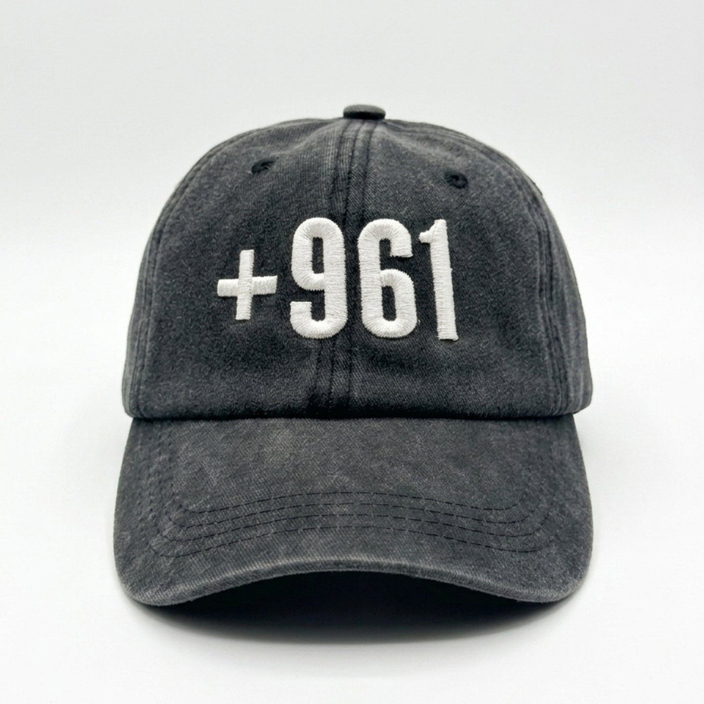 +961 Lebanon Country Code Embroidered Cap – Black Vintage Washed Lebanese Hat