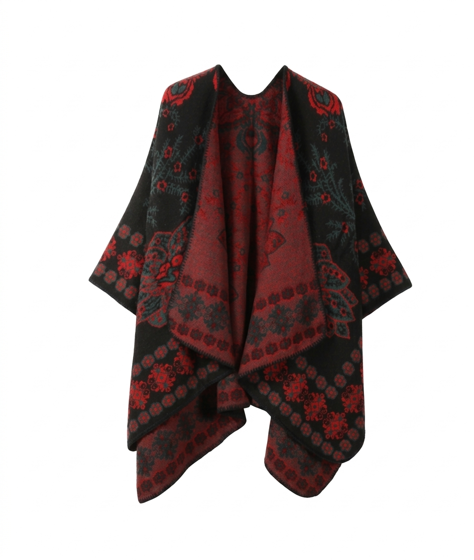Cozy Collective Midnight & Crimson Folk Floral Open-Front Poncho