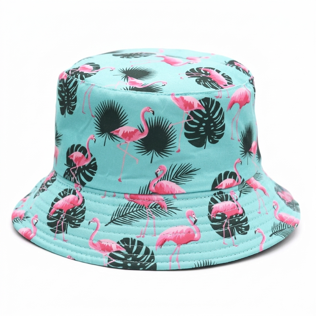 Tropical Teal Flamingo Bucket Hat – Cute Pink Flamingo & Palm Leaf Summer Sun Cap
