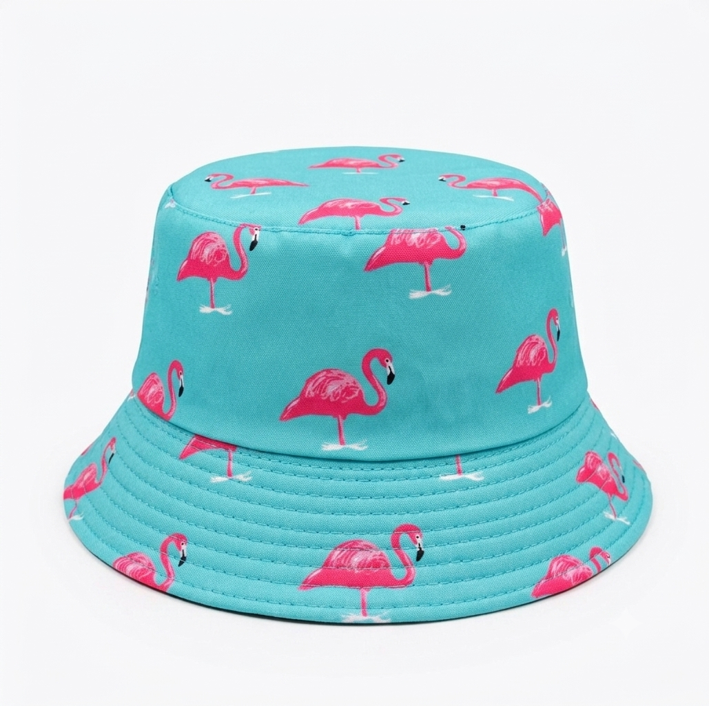 Bright Turquoise Flamingo Bucket Hat – Cute Pink Flamingo Pattern Summer Sun Cap