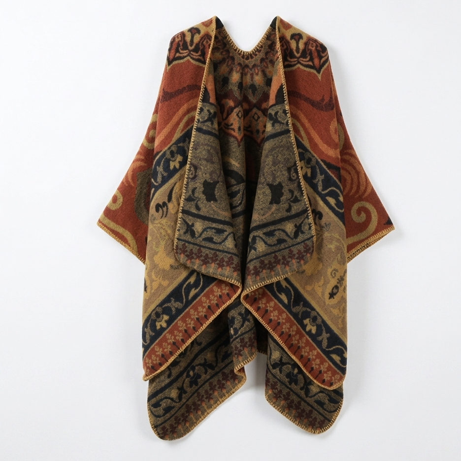 Cozy Collective Vintage Scroll & Paisley Open-Front Poncho