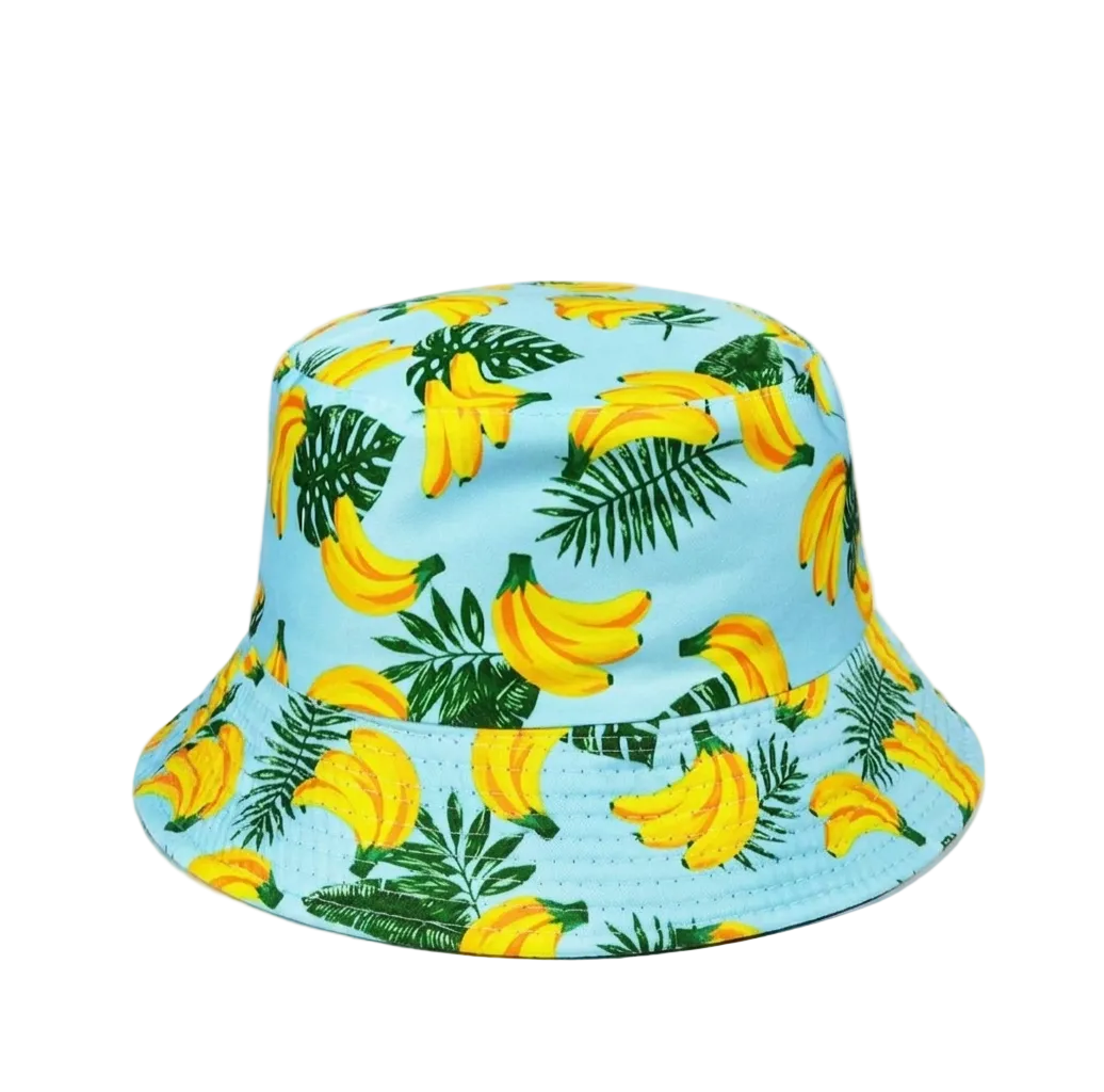 Tropical Banana Print Bucket Hat – Light Blue Summer Sun Cap with Palm Leaves