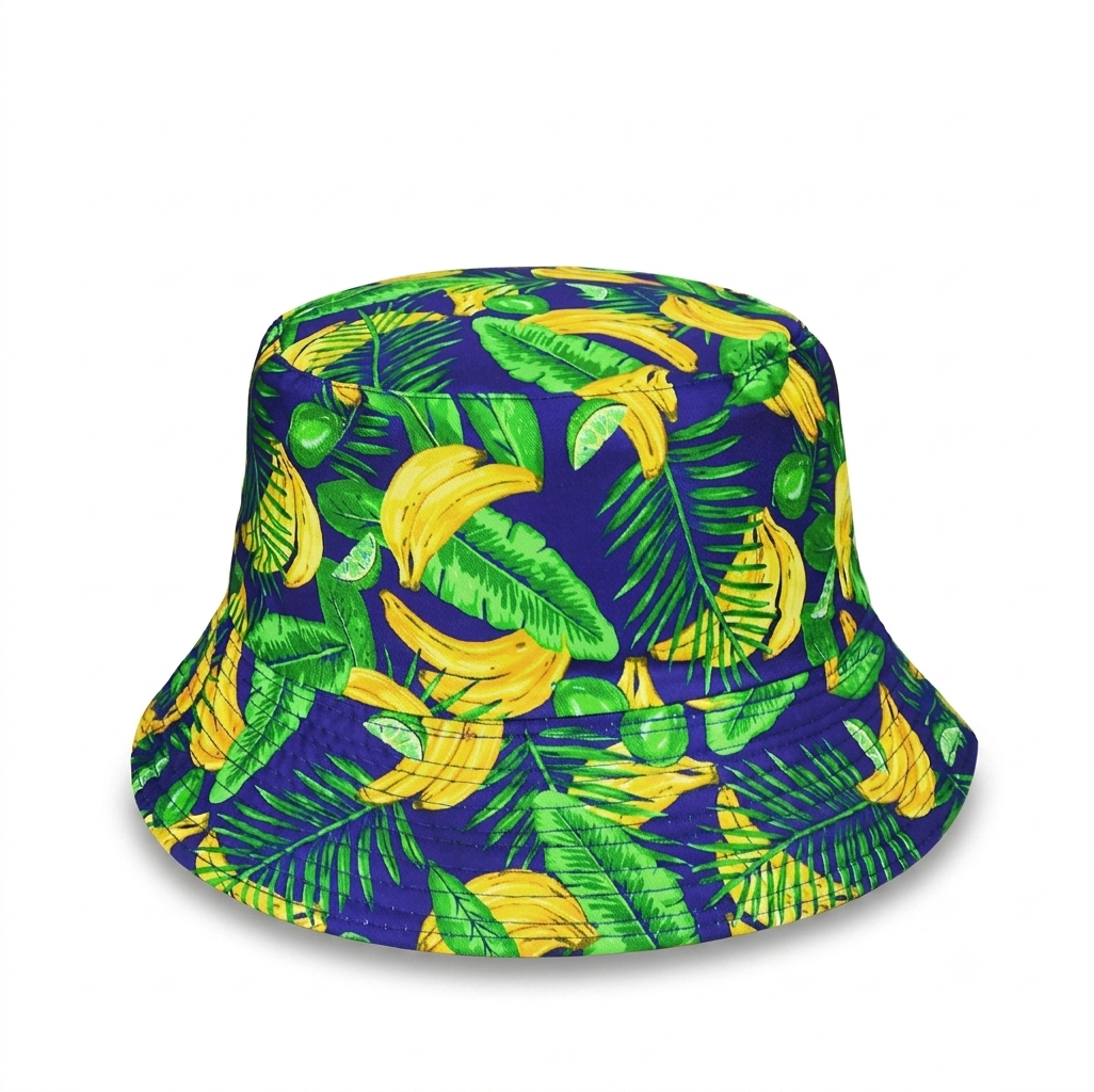 Tropical Navy Banana Bucket Hat – Vibrant Yellow Fruit & Palm Leaf Summer Sun Cap