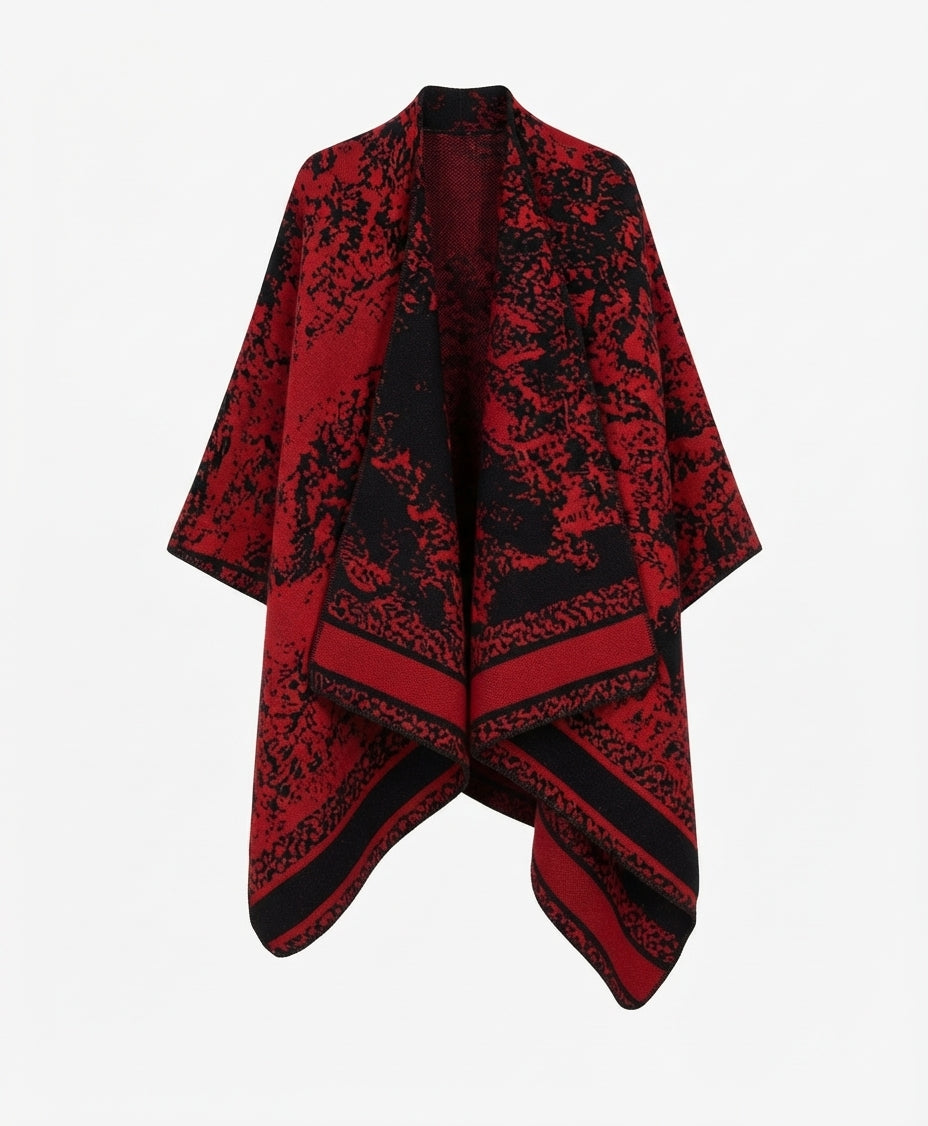 Cozy Collective Crimson & Black Forest Open-Front Poncho