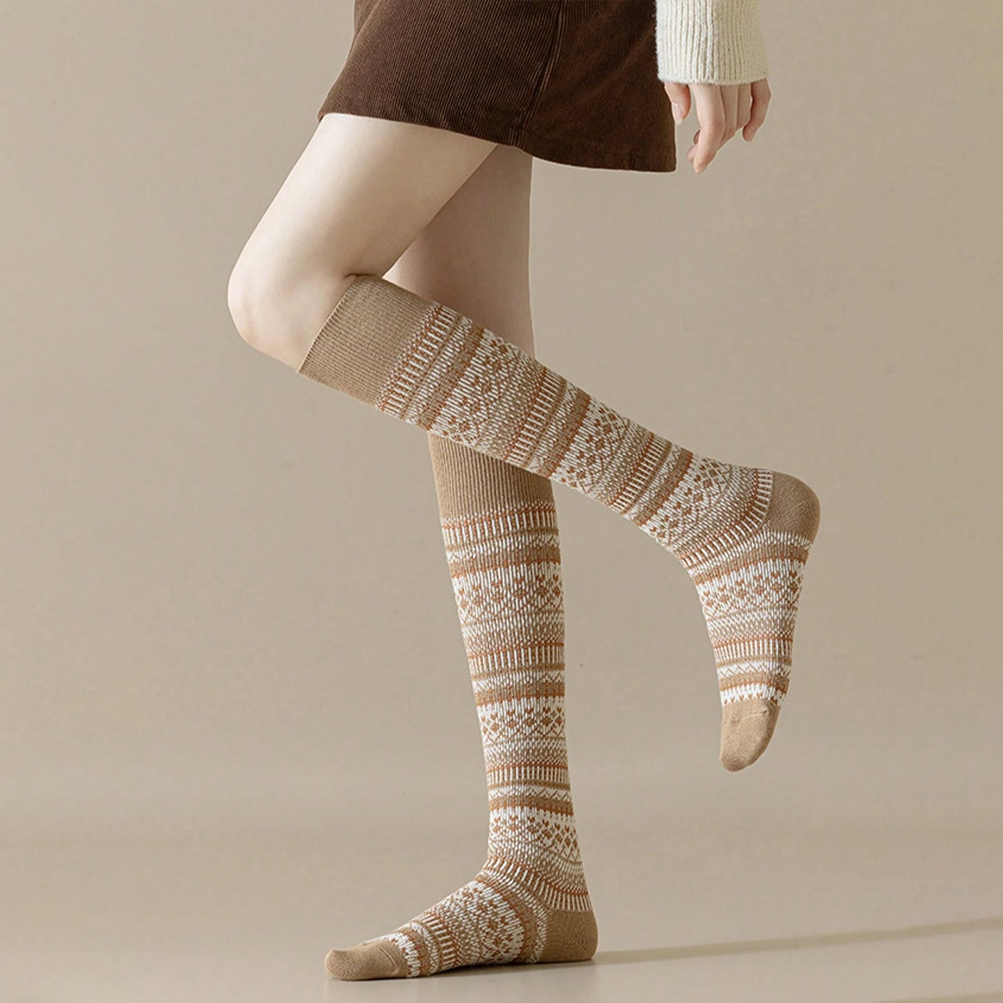 Cozy Nordic Patterned High Socks for Women - 3 Colors Available