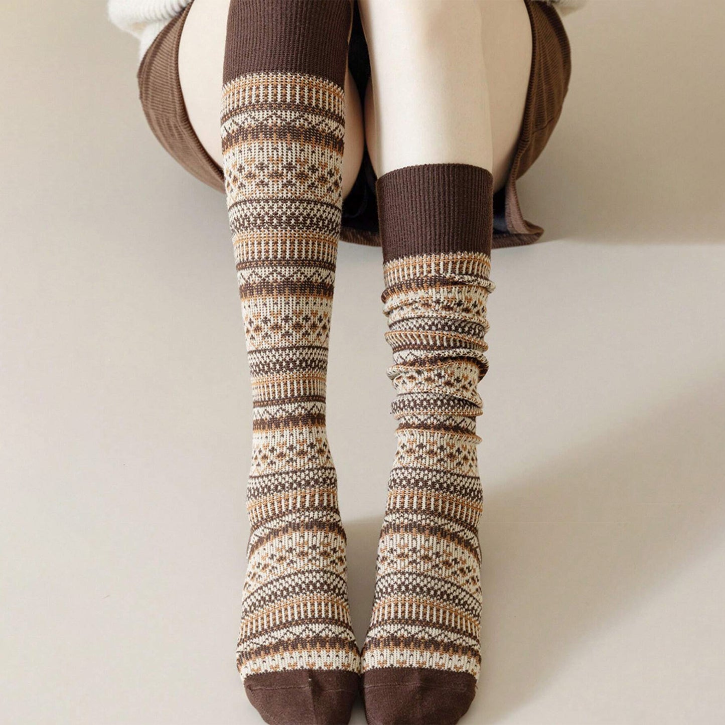 Cozy Nordic Patterned High Socks for Women - 3 Colors Available