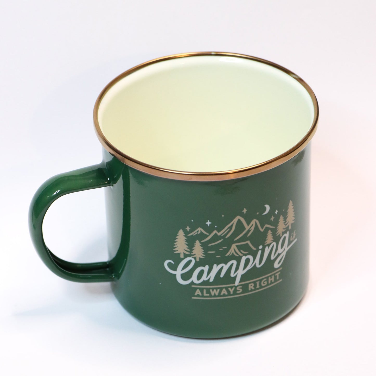 Vintage Green Enamel Camping Mug – "Camping is Always Right"