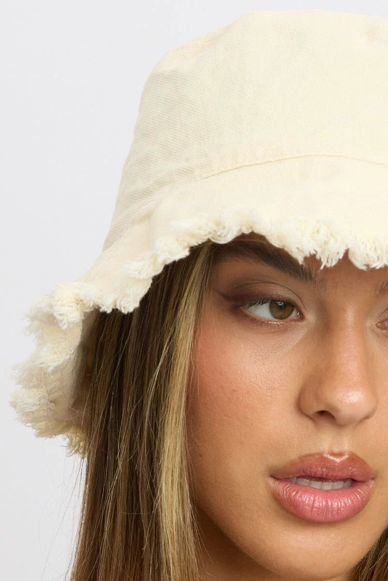Beige Frayed Edge Bucket Hat