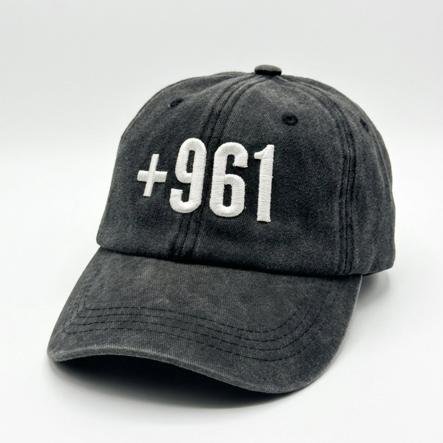 +961 Lebanon Country Code Embroidered Cap – Black Vintage Washed Lebanese Hat