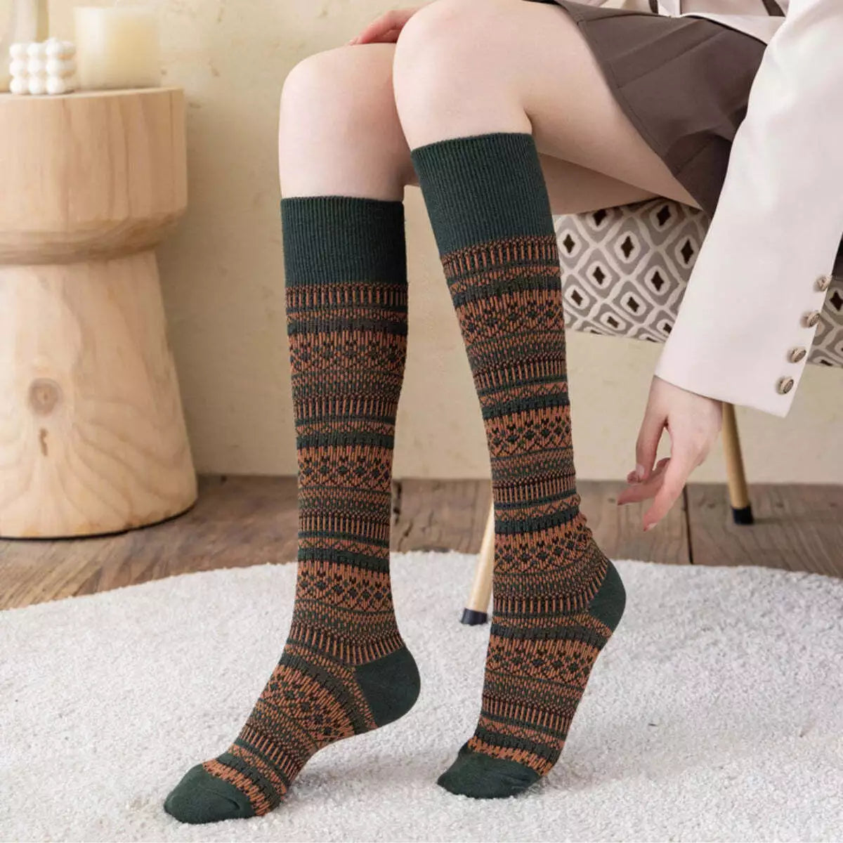Cozy Nordic Patterned High Socks for Women - 3 Colors Available