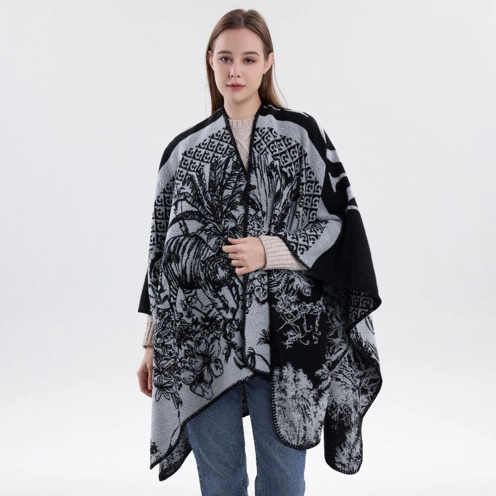 Monochrome Safari Reversible Poncho - Black & White Animal Print Wrap