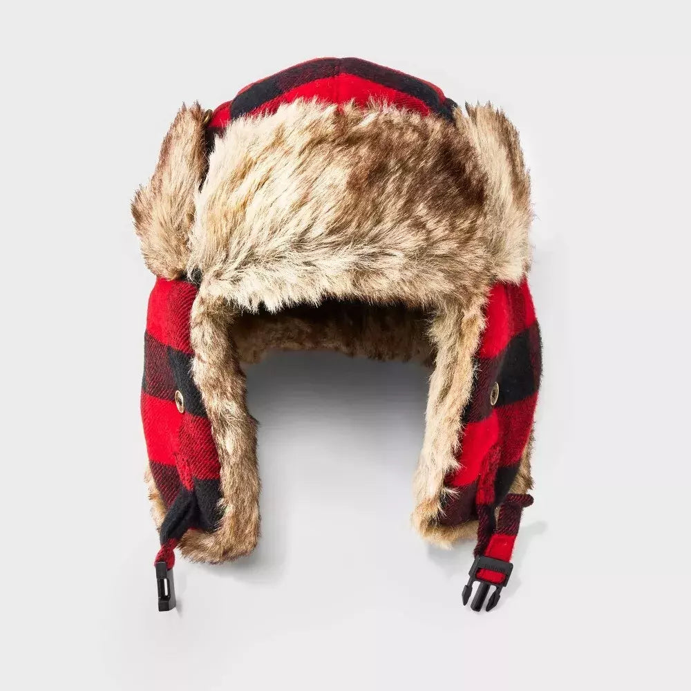 Goodfellow & Co Checkered Red & Black Faux Fur Trapper Hat