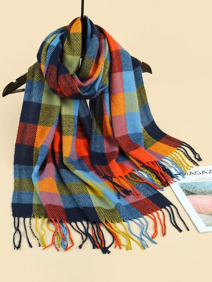 Autumn Spectrum Plaid Scarf with Tassels