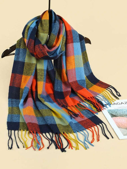 Autumn Spectrum Plaid Scarf with Tassels