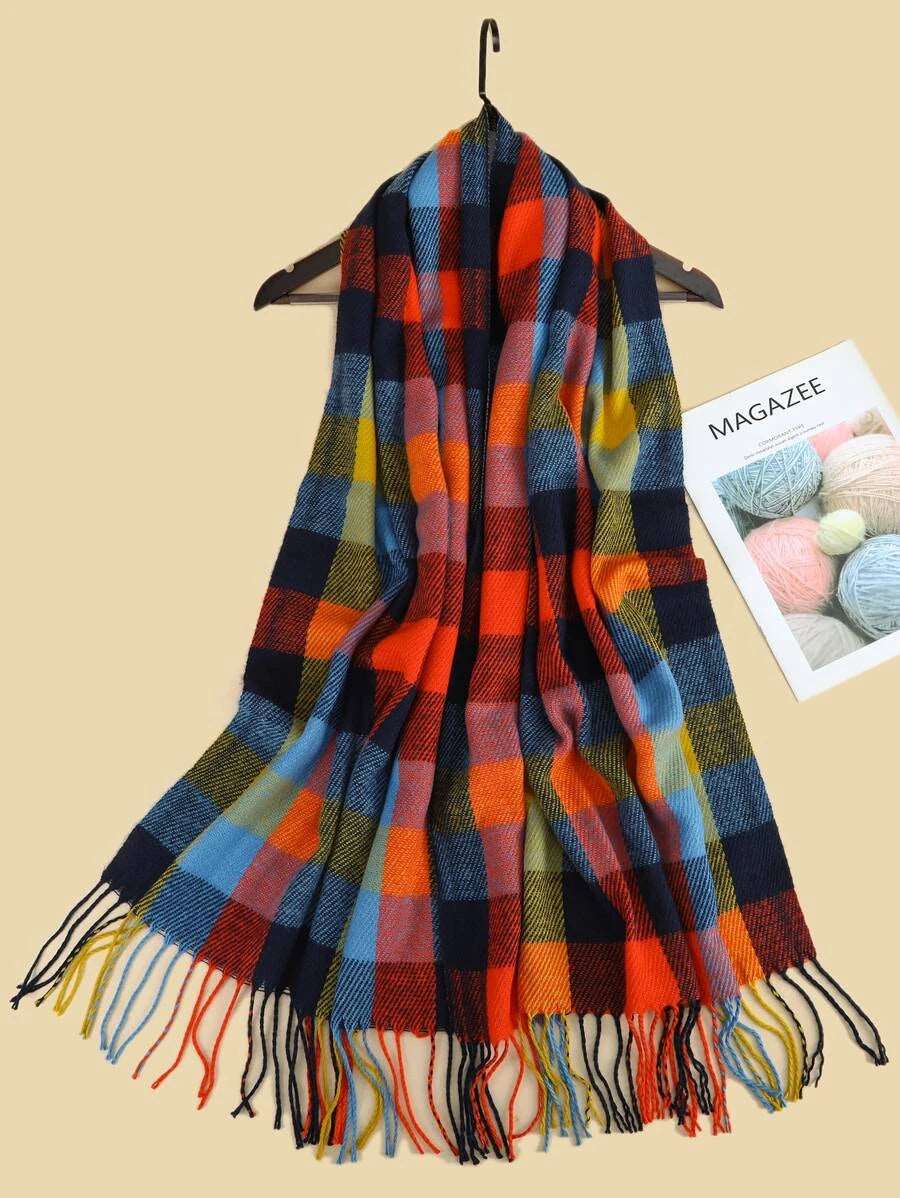 Autumn Spectrum Plaid Scarf with Tassels