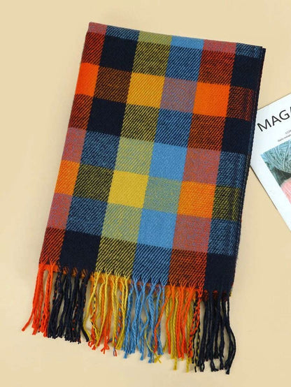 Autumn Spectrum Plaid Scarf with Tassels