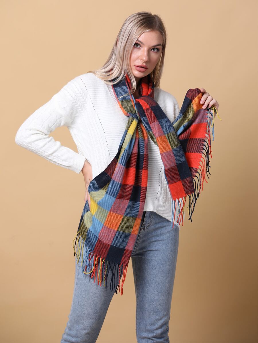 Autumn Spectrum Plaid Scarf with Tassels