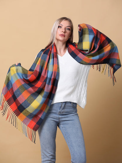 Autumn Spectrum Plaid Scarf with Tassels