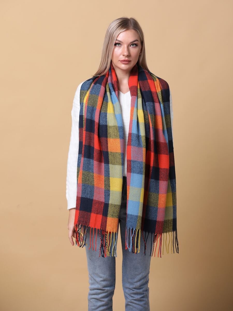 Autumn Spectrum Plaid Scarf with Tassels