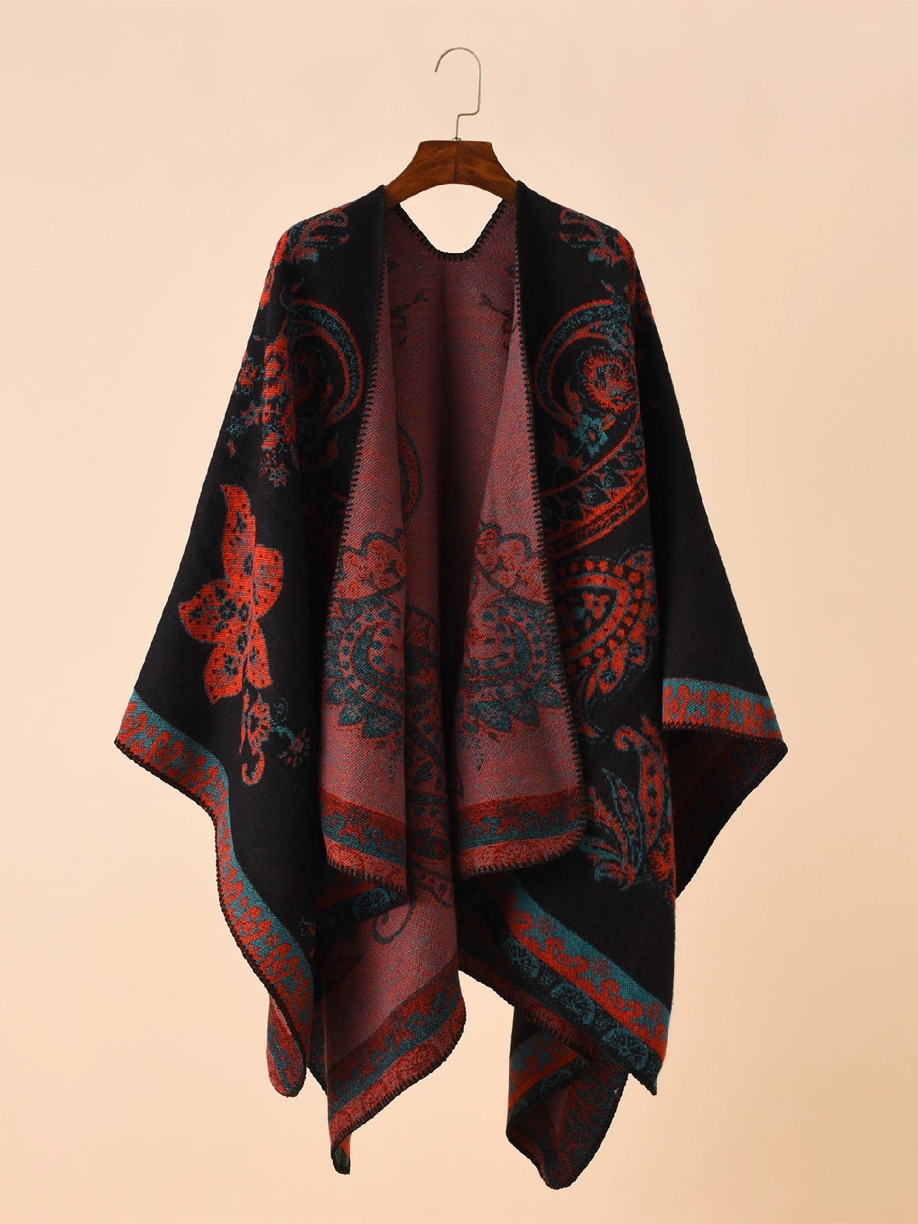 Dark Floral & Paisley Open-Front Poncho Shawl