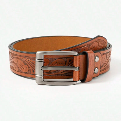 Retro patternd men's belt with pin buckle