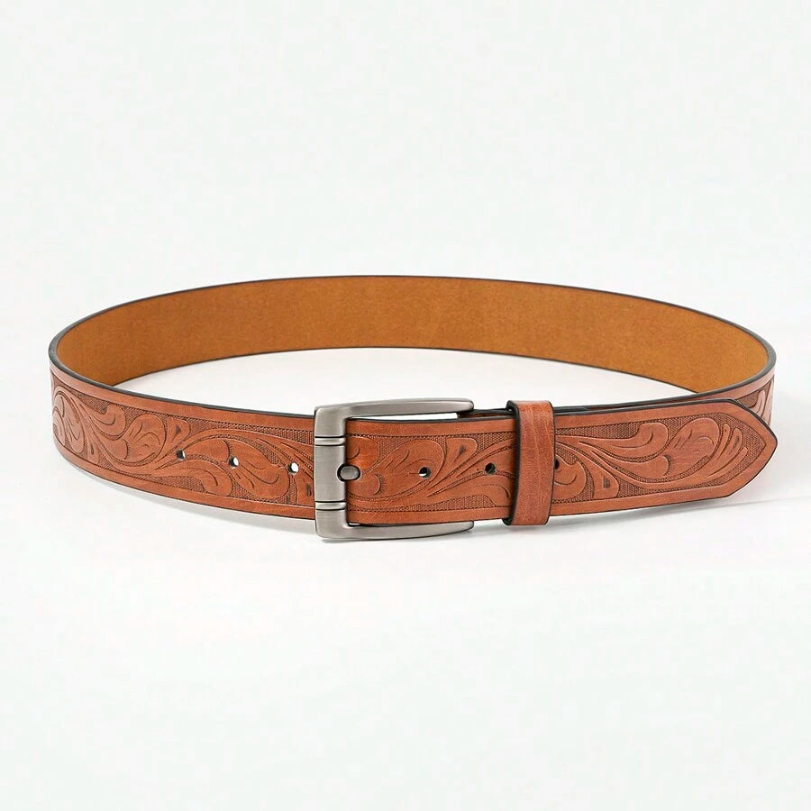 Retro patternd men's belt with pin buckle