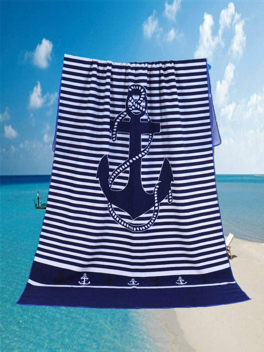 180cm x 90cm Anchor Striped Beach Towel – Navy & White