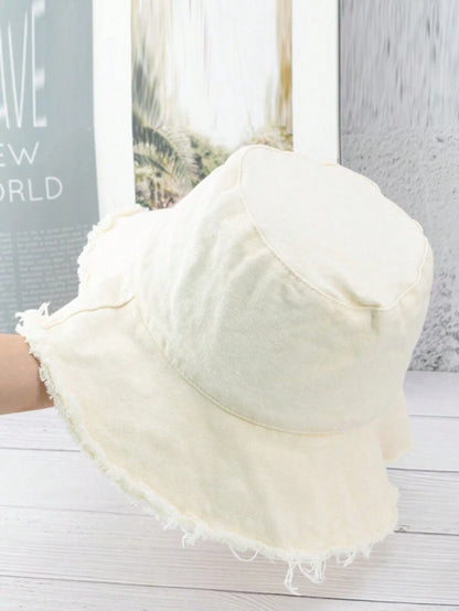 Beige Frayed Edge Bucket Hat