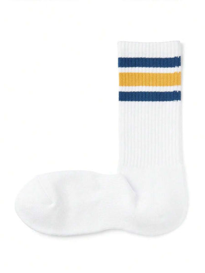38-42 EU | Classic Stripe Ribbed Crew Socks – Navy & Mustard