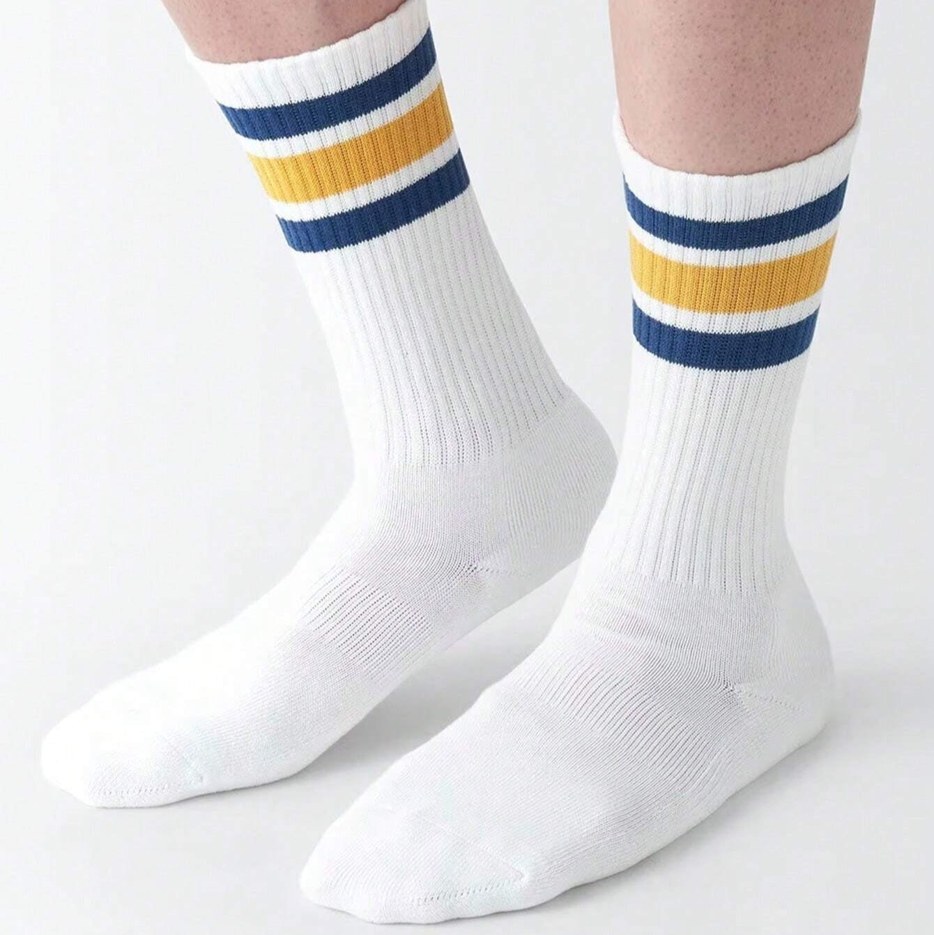 (EU 39–44) Retro Stripe Crew Socks – White with Blue & Gold Stripes