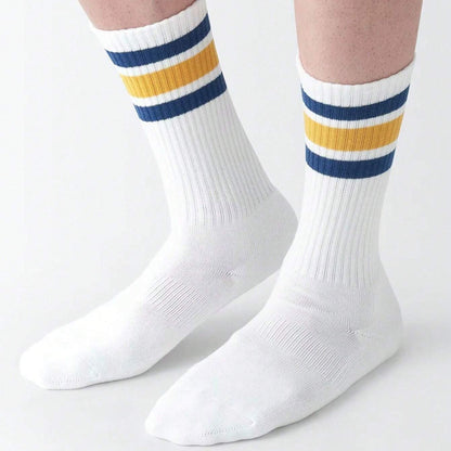 (EU 39–44) Retro Stripe Crew Socks – White with Blue & Gold Stripes