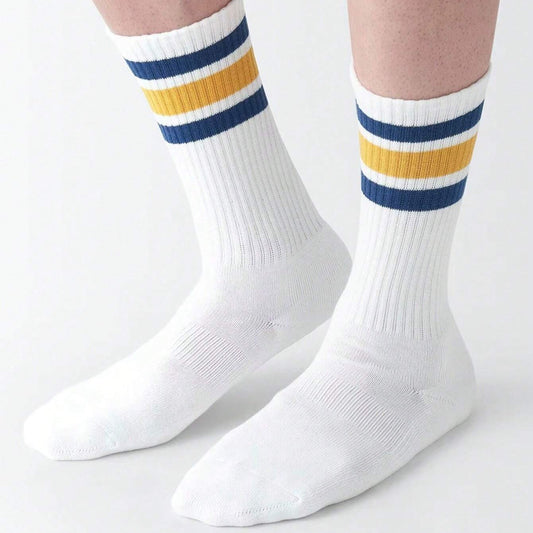 (EU 39–44) Retro Stripe Crew Socks – White with Blue & Gold Stripes