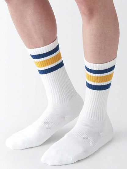 38-42 EU | Classic Stripe Ribbed Crew Socks – Navy & Mustard