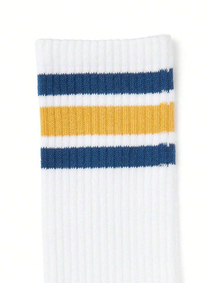 (EU 39–44) Retro Stripe Crew Socks – White with Blue & Gold Stripes