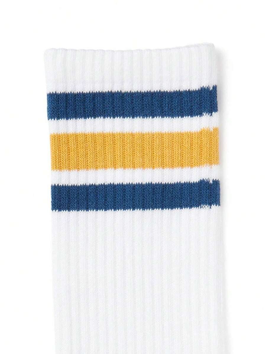 38-42 EU | Classic Stripe Ribbed Crew Socks – Navy & Mustard