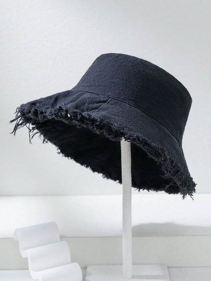 Beige Frayed Edge Bucket Hat