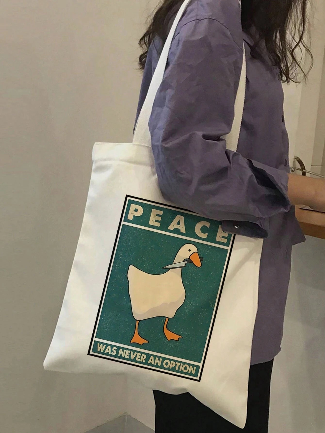 Peace Was Never an Option Duck Tote Bag – Funny Canvas Bag