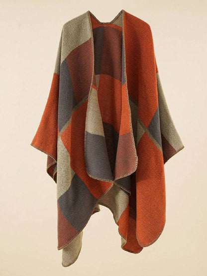 Handwoven Geometric Wool Blend Poncho - Warm Autumn Tones (160x130cm)