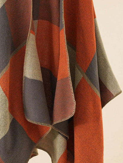 Handwoven Geometric Wool Blend Poncho - Warm Autumn Tones (160x130cm)