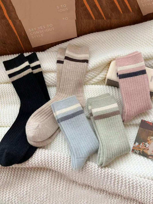 36-40 - Striped Ribbed Crew Socks
